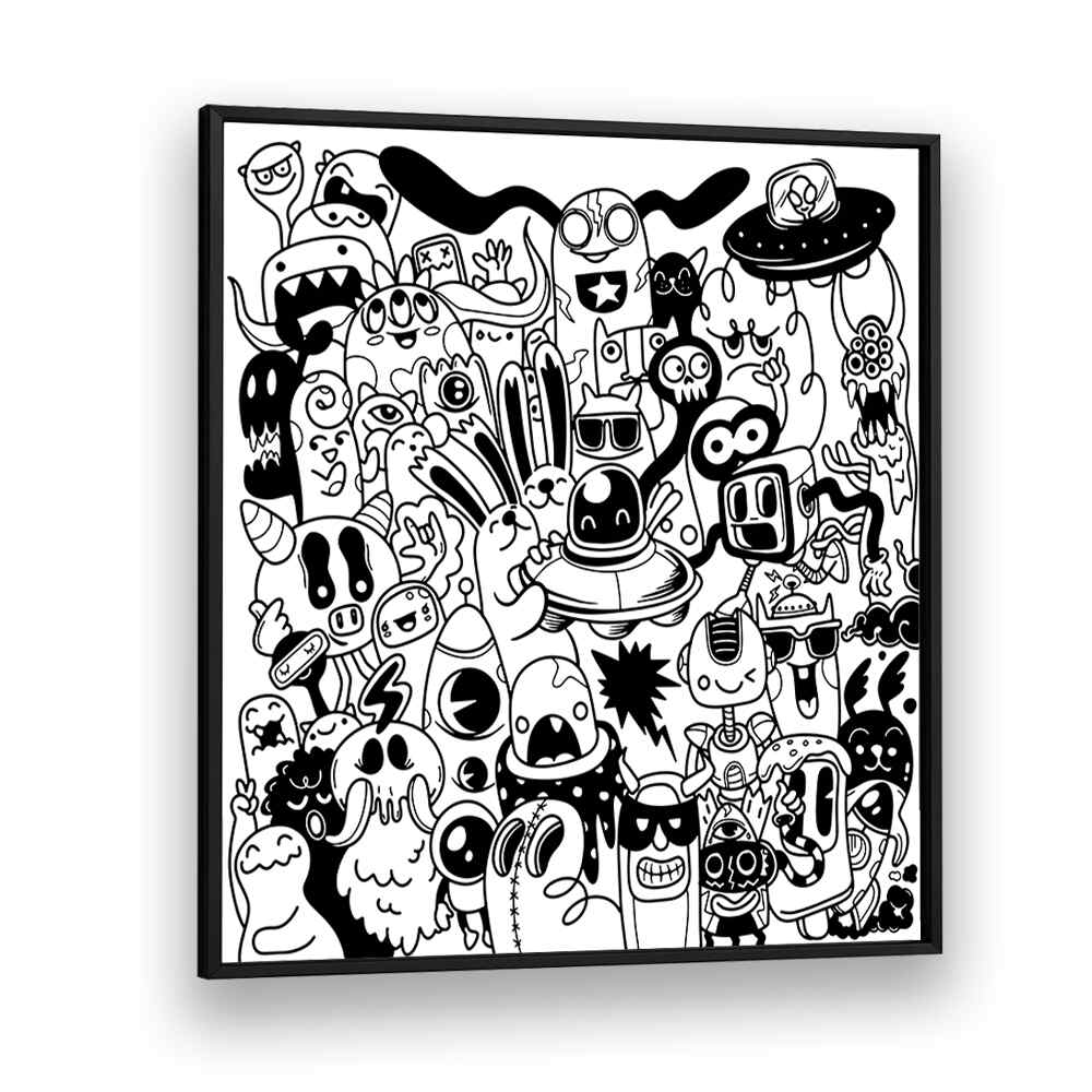 Scribble Skedaddle B&w Doodle Art Artwork in Black Plain Frame