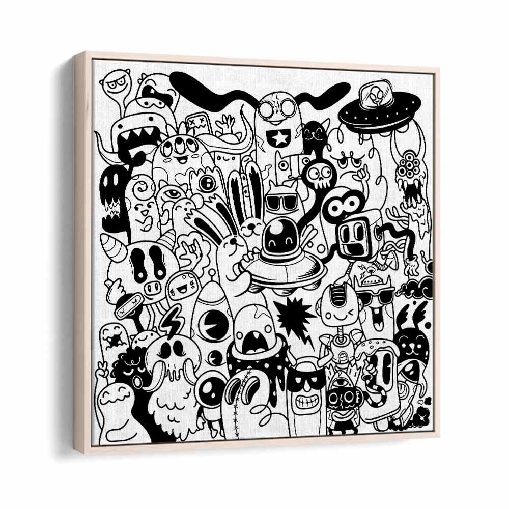 Scribble Skedaddle B&w Doodle Art Artwork in Oak Wood Floater Frame