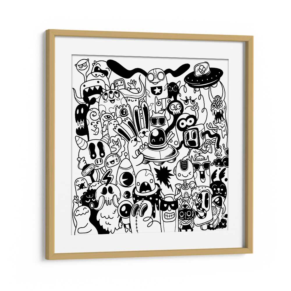 Scribble Skedaddle B&w Doodle Art Artwork in Oak Wood Frame With Mount