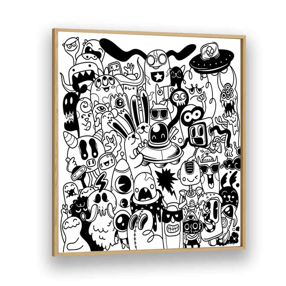 Scribble Skedaddle B&w Doodle Art Artwork in Oak Wood Plain Frame