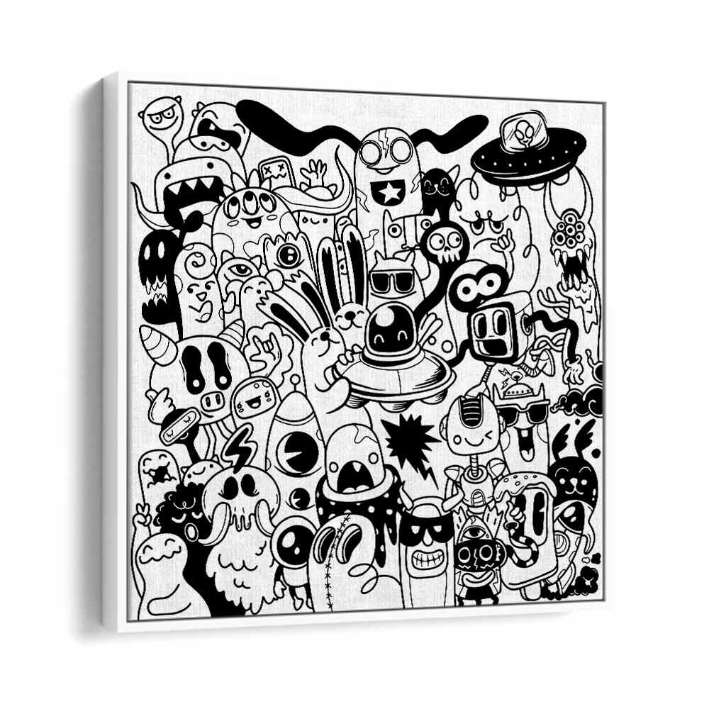 Scribble Skedaddle B&w Doodle Art Artwork in White Floater Frame