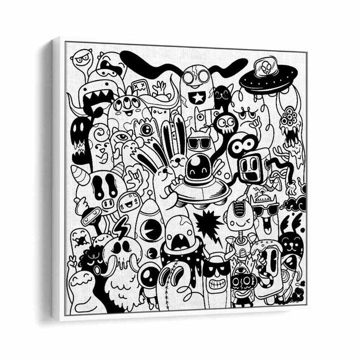 Scribble Skedaddle B&w Doodle Art Artwork in White Floater Frame