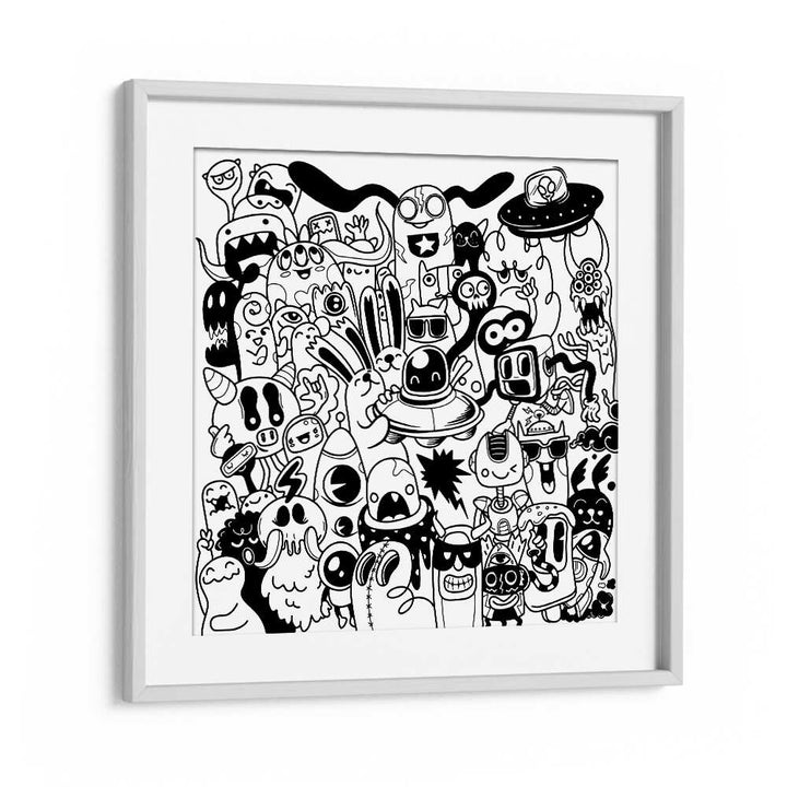 Scribble Skedaddle B&w Doodle Art Artwork in White Frame With Mount