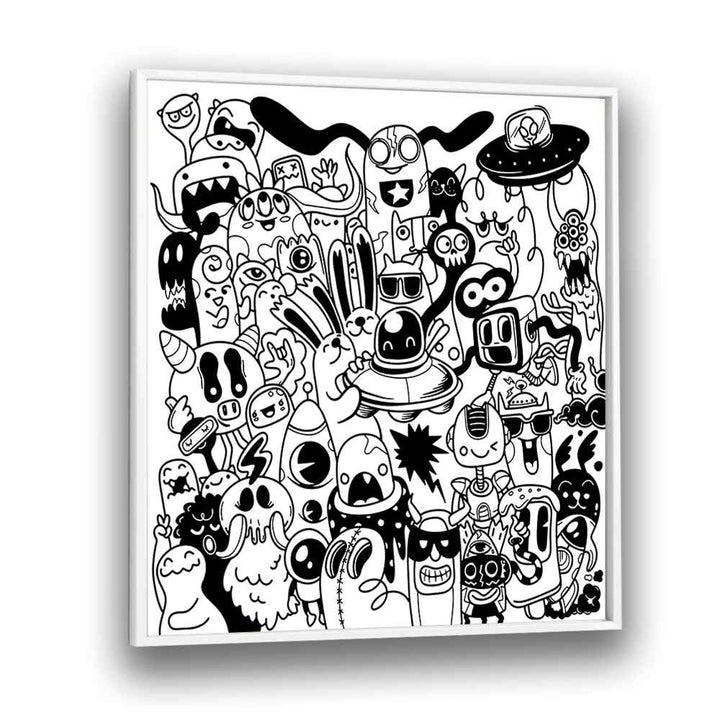 Scribble Skedaddle B&w Doodle Art Artwork in White Plain Frame