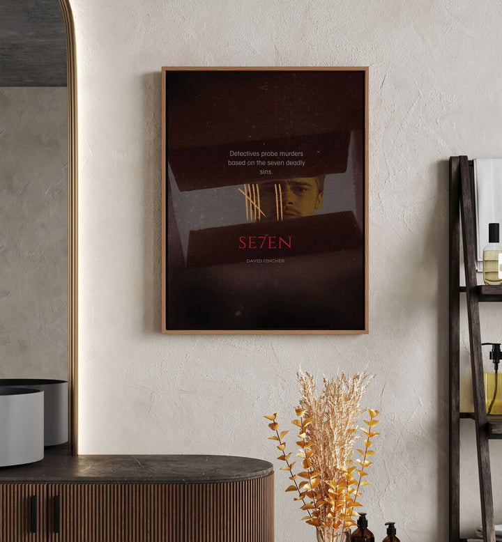 SE7EN By Grishma Korjani Movie Posters in Oak Wood Floater Frame placed on a Cream Colored Wall 