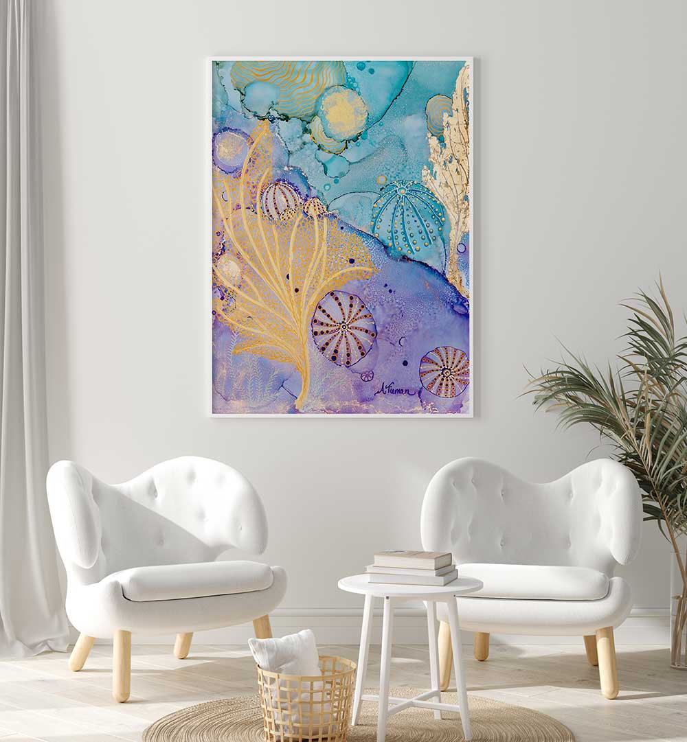 Vibrant SEA URCHIN HIDEAWAY, BEACH PAINTINGS enhancing a serene coastal retreat in a stylish living room.