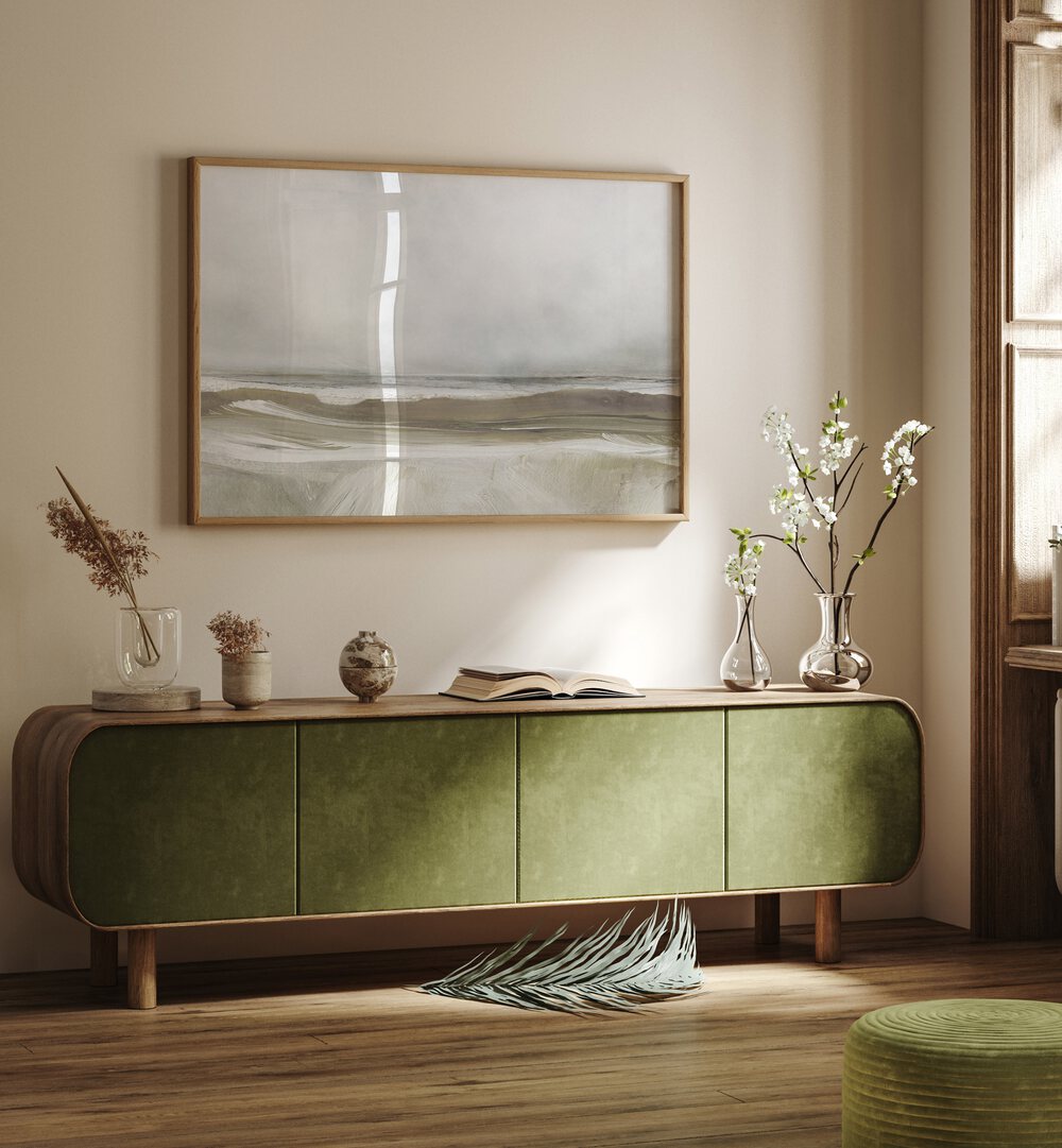 Stylish interior featuring SEA AIR, ABSTRACT PAINTINGS, enhancing coastal serenity and artistic expression.