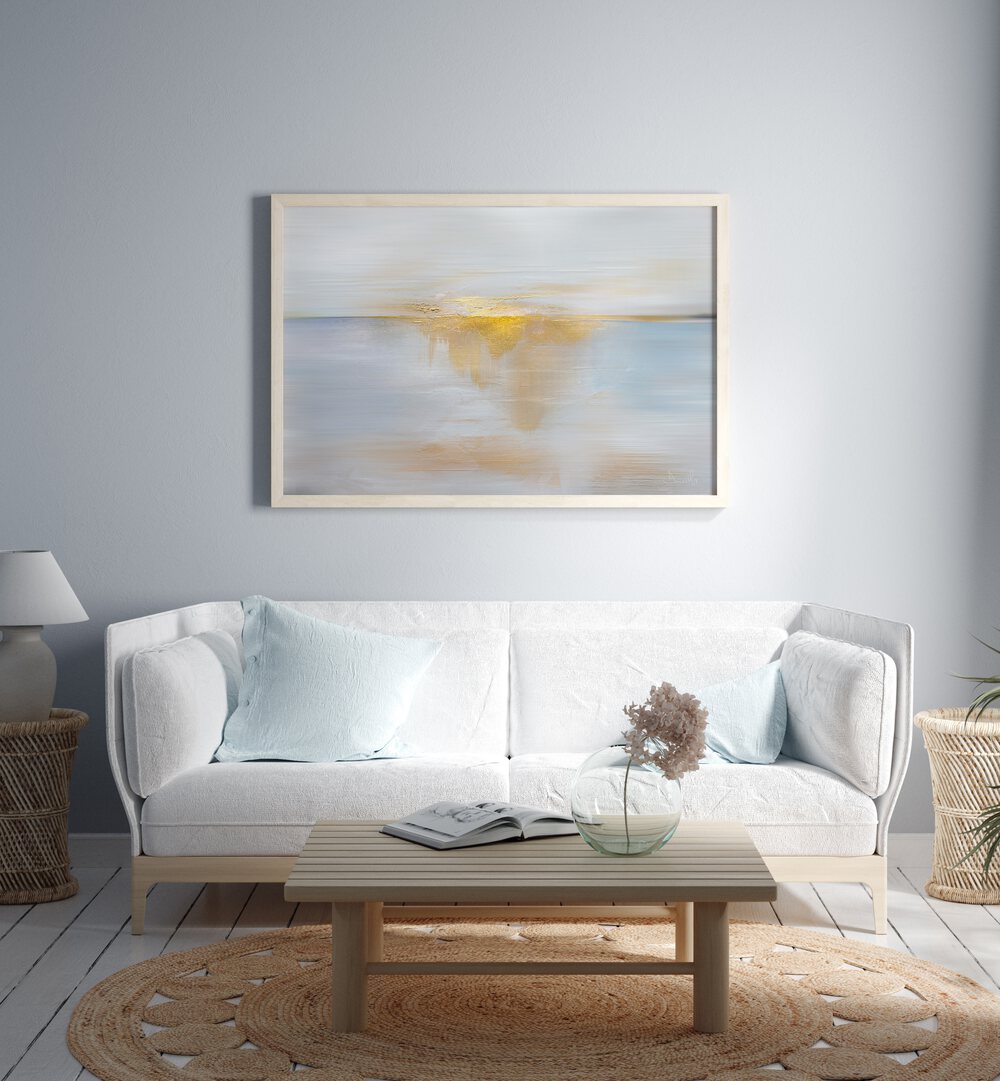 Vibrant SEA SUN, ABSTRACT PAINTINGS adorn a stylish living room, capturing the essence of the sea's beauty.