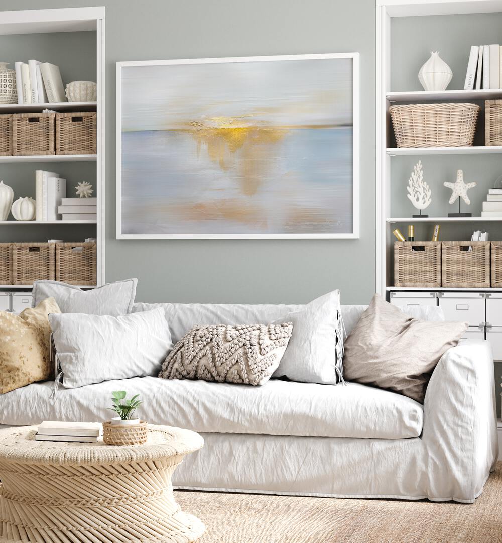 Vibrant SEA SUN, ABSTRACT PAINTINGS brighten a cozy living space with fluid colors and serene sea essence.