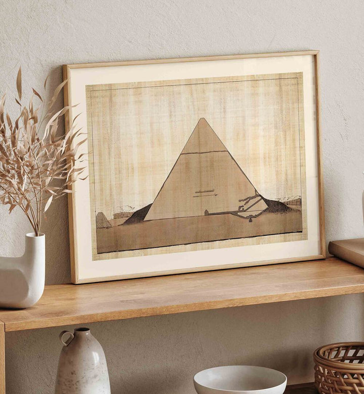 Section Of The Entrance Of The Second Pyramid Of Ghizeh Egyptian art painting Artwork in Oak Wood Plain Frame placed on a Wooden Shelf