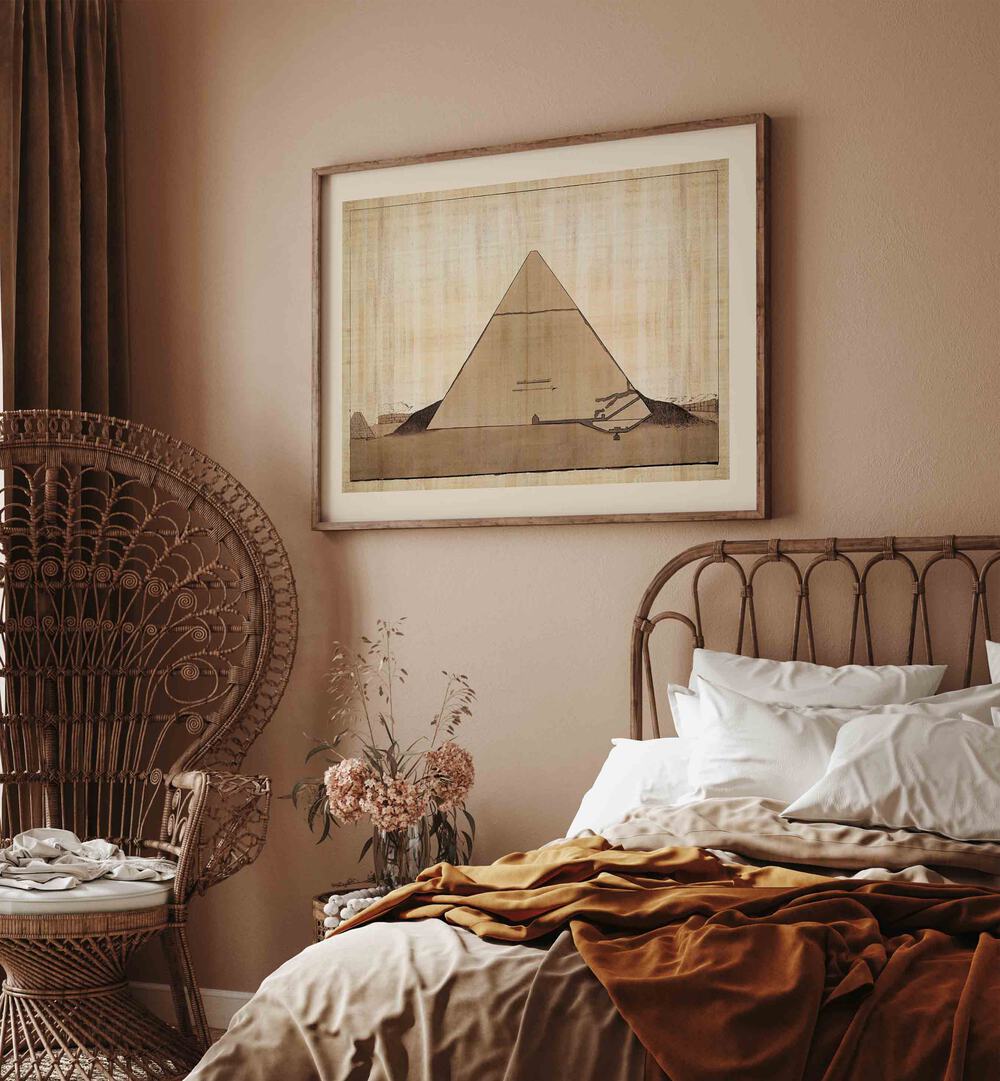 Section Of The Entrance Of The Second Pyramid Of Ghizeh Egyptian art painting Artwork in Dark Wood Plain Frame laced on a Dessert Brown Wall in the Bedroom