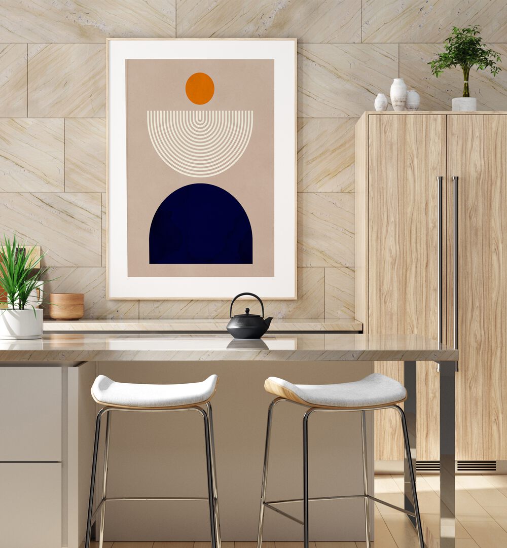 Sophisticated SEMICIRCLES III, GEOMETRIC ART PRINTS adorns a modern kitchen, enhancing creative spaces effortlessly.