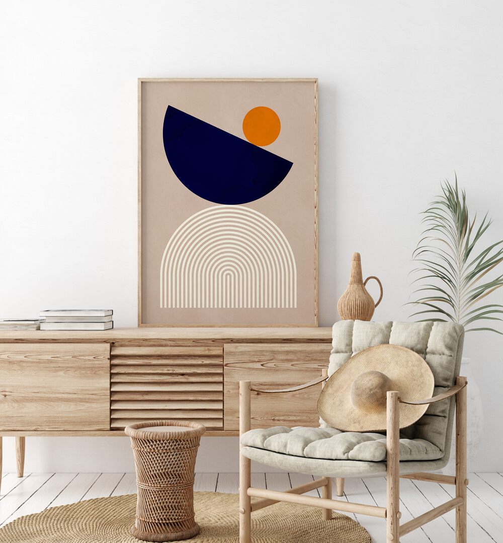 Stylish SEMICIRCLES II, GEOMETRIC ART PRINTS adorn a modern living space, perfect for artistic inspiration.