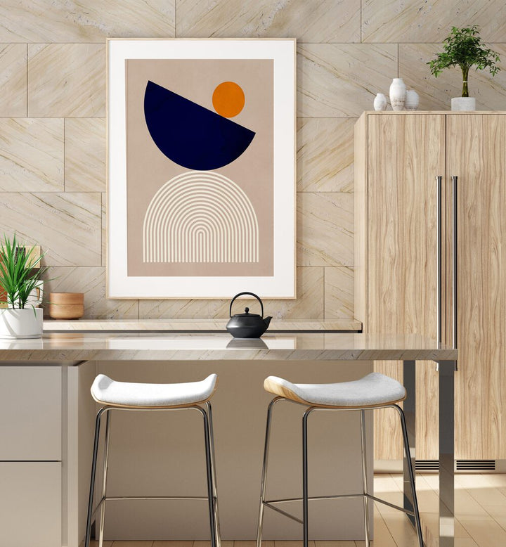 Stylish SEMICIRCLES II, GEOMETRIC ART PRINTS displayed in a modern kitchen, perfect for creative inspiration.