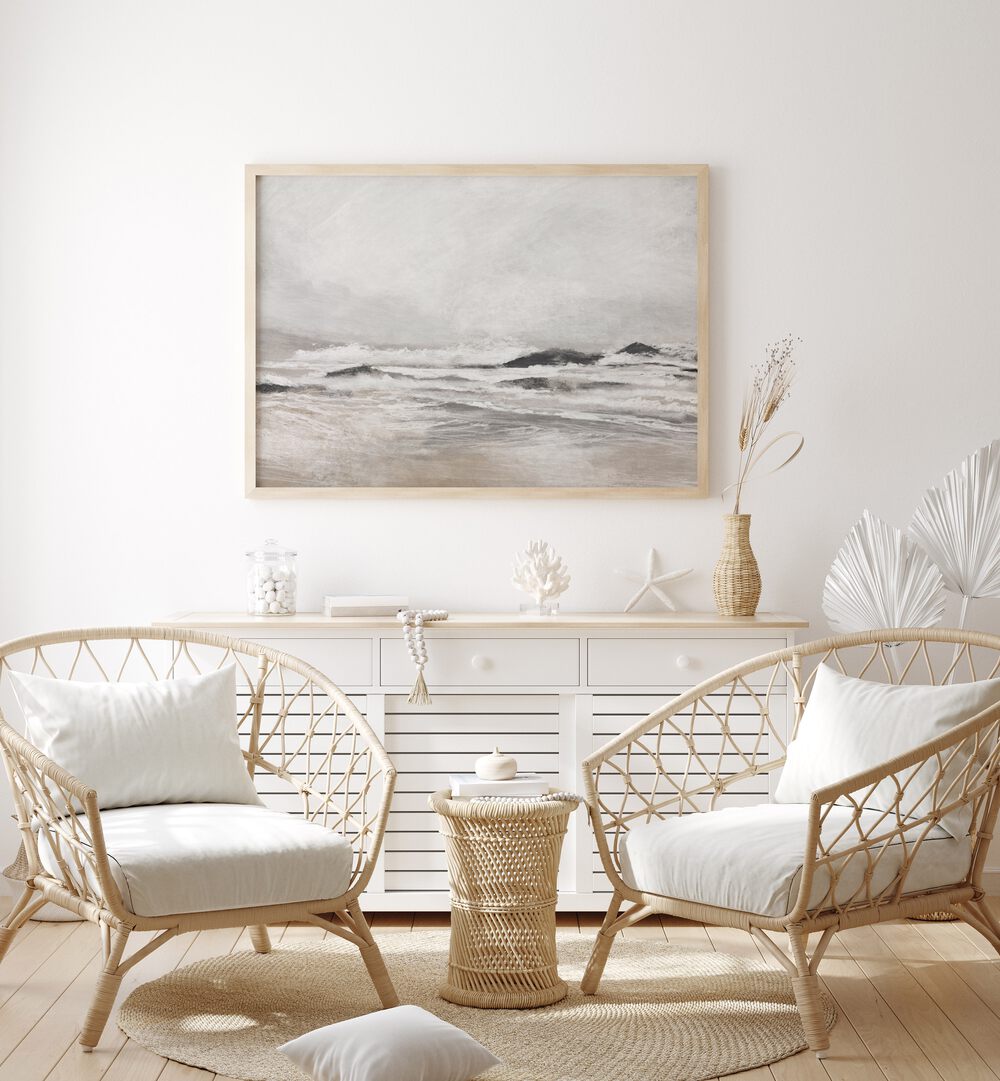Stylish living room featuring SEPTEMBER COAST, ABSTRACT PAINTINGS, enhancing the coastal vibe with elegant decor.