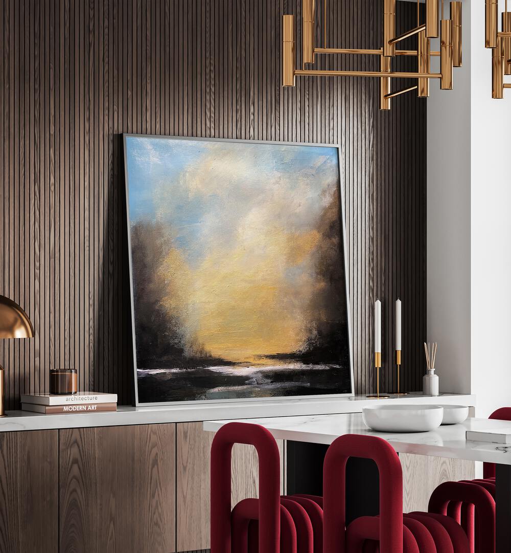 Stunning SUNSET TRANQUIL HORIZON, LANDSCAPE PAINTINGS showcasing vibrant colors in a modern setting. Perfect for any decor.
