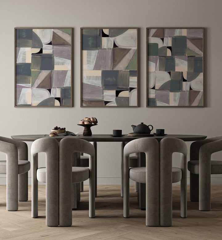 Transform your space with the ABSTRACT DESATURATE SET, SET OF 3 PAINTINGS featuring muted tones and elegant forms.