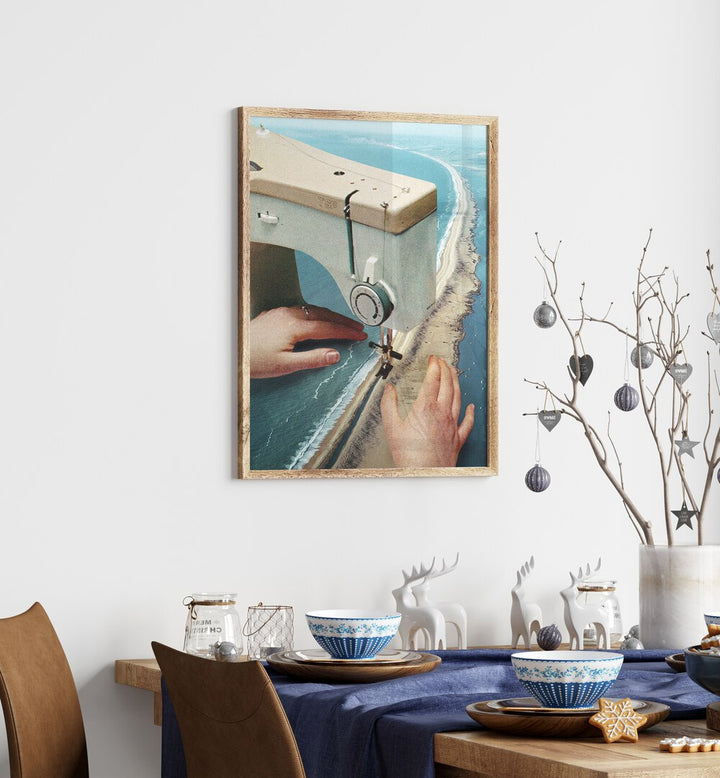 Sewing Machine Surreal Art Painting Artwork in plain oakwood frame behind a dining table for dining area