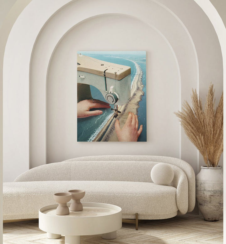 Sewing Machine Surreal Art Painting Artwork in gallery wrap behind a sofa on a white wall