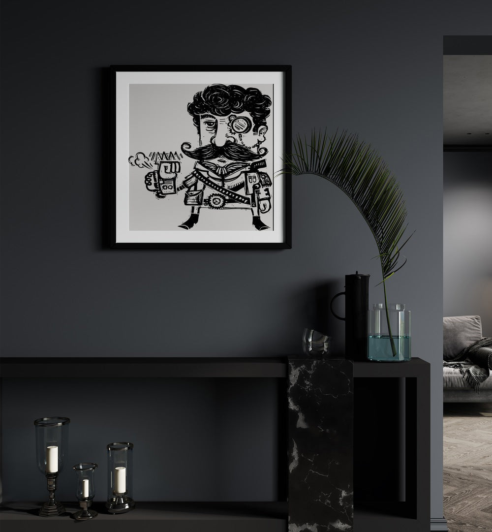 Shady Guy Comic Art Artwork in Black Frame With Mount Placed on a Dark Grey Wall In the Drawing room