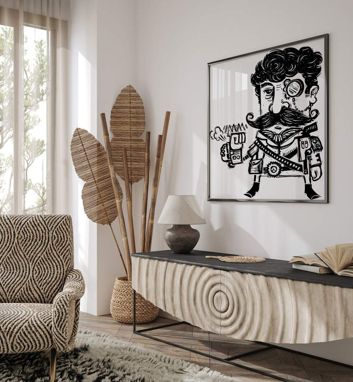 Shady Guy Comic Art Artwork in Black Plain Frame Placed on a White wall Above a Wooden Console Table in the Living Room