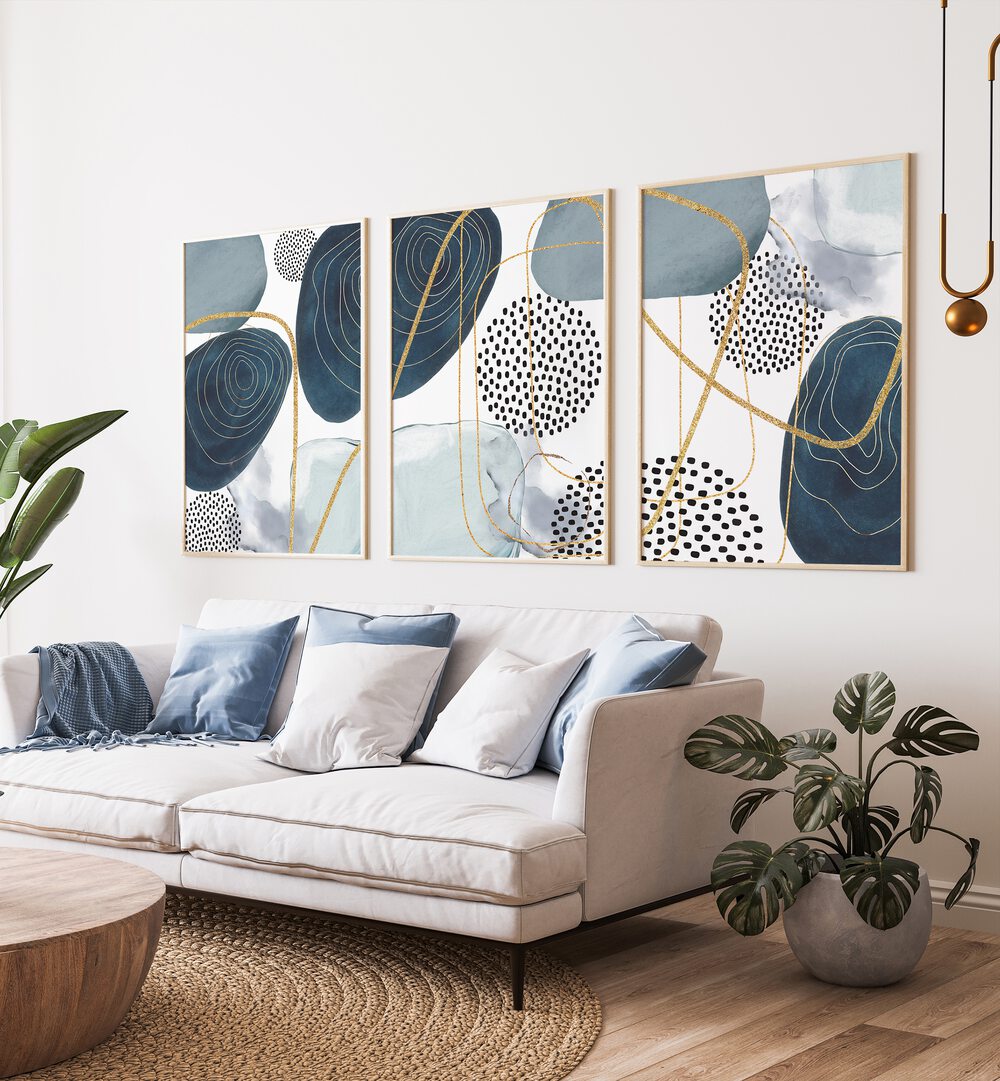 SHAPELY BLUES SET , SET OF 3 PAINTINGS