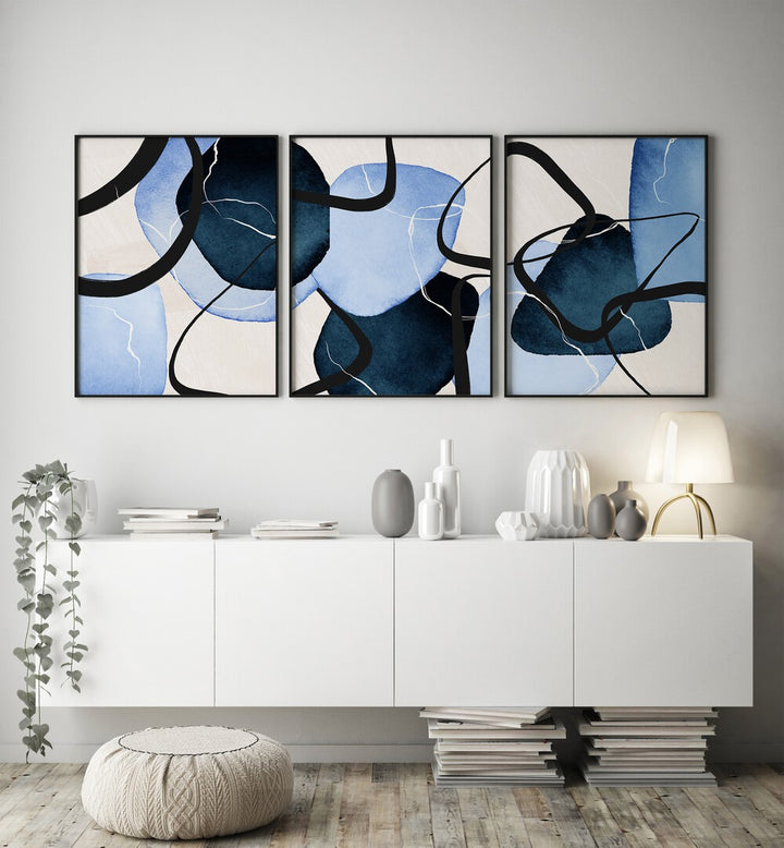 SHAPES INDIGO SET , SET OF 3 PAINTINGS