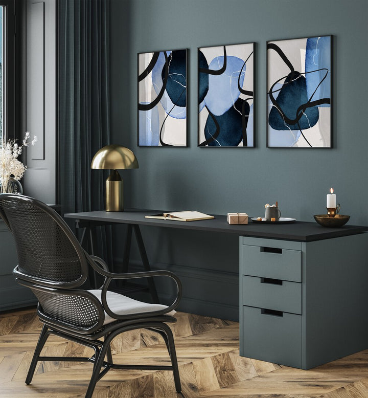 SHAPES INDIGO SET , SET OF 3 PAINTINGS