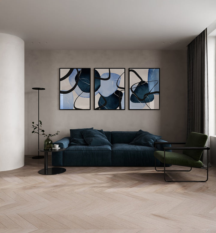SHAPES INDIGO SET , SET OF 3 PAINTINGS