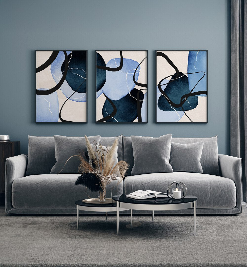 SHAPES INDIGO SET , SET OF 3 PAINTINGS