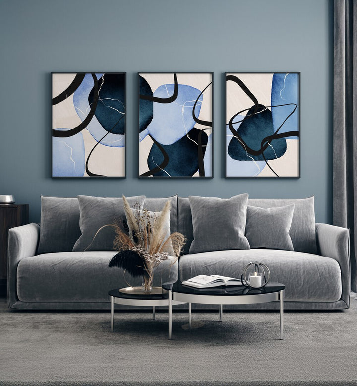 SHAPES INDIGO SET , SET OF 3 PAINTINGS