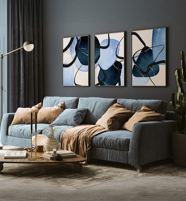 SHAPES INDIGO SET , SET OF 3 PAINTINGS