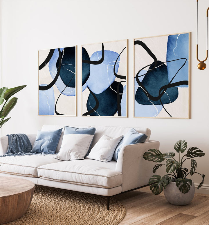 SHAPES INDIGO SET , SET OF 3 PAINTINGS