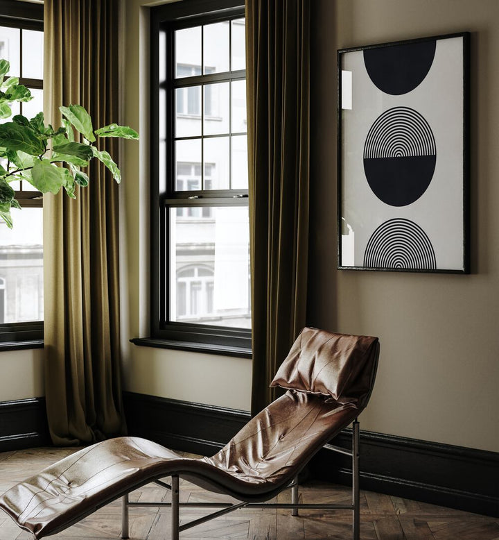 Modern interior featuring SHAPES XI, GEOMETRIC ART PRINTS, showcasing elegant lines and circles on the wall.