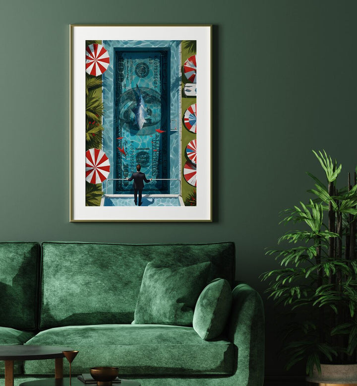 Shark Pool Money Art Artwork in oak frame mount hanging on wall above green sofa in living space