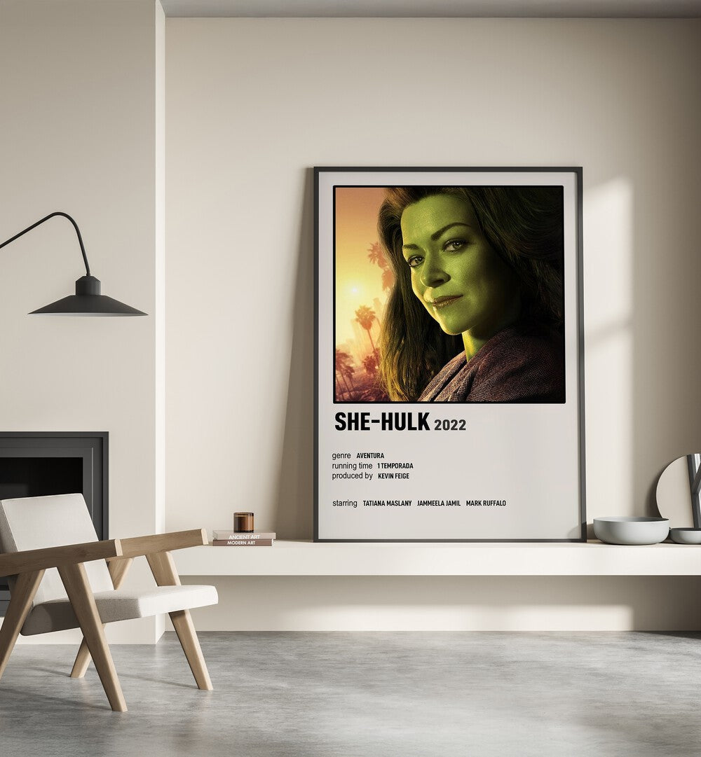 SHE-HULK 2022 MOVIE POSTERS in Black Plain Frame placed on wall beside chair and lamp