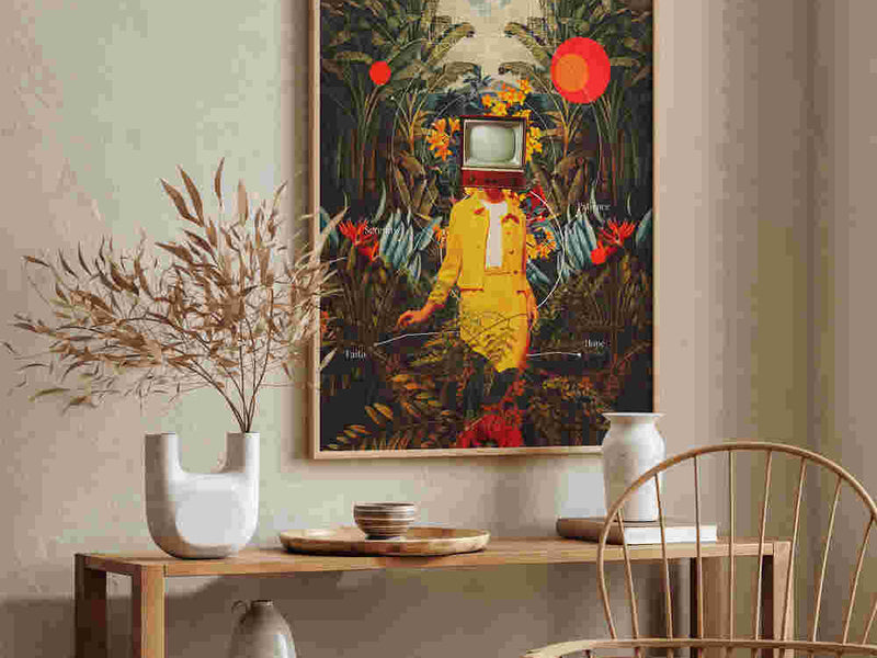 Brightly colored surreal art print, “SHE CAME FROM THE WILDERNESS , SURREAL ART PRINTS,” by Frank Moth. Perfect for decor.