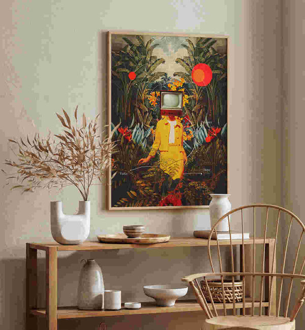 Brightly colored surreal art print, “SHE CAME FROM THE WILDERNESS , SURREAL ART PRINTS,” by Frank Moth. Perfect for decor.