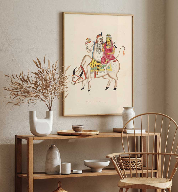 SHIVA AND PARVATI SEATED ON NANDI , INDIAN ART PAINTINGS