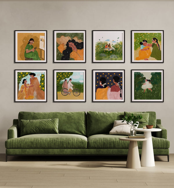 Bright and inviting CHILDHOOD NOSTALGIA GALLERY WALL showcases Shreya Roy Chowdary's art, perfect for gallery walls.