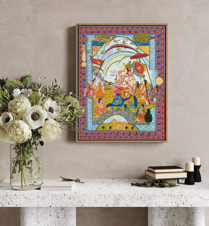 Shri Ganesha Indian Art Painting Artwork in Oak Wood Floater Frame placed on a Beige Colored Textured Wall above a White Console Table 