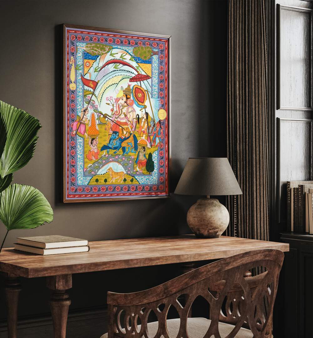 Shri Ganesha Indian Art Painting Artwork in Dark Wood Plain Frame placed on a Dark Brown Wall near a Study Desk in the Study Room