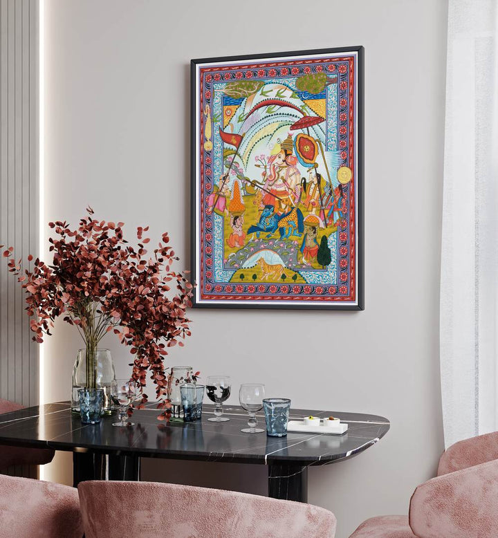 Shri Ganesha Indian Art Painting Artwork in Black Plain Frame placed on a White Wall near A Dining able in the Dining Area