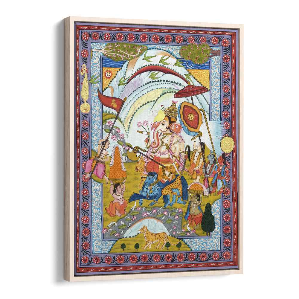 Shri Ganesha Indian art painting Artwork in Oak Wood Floater Frame