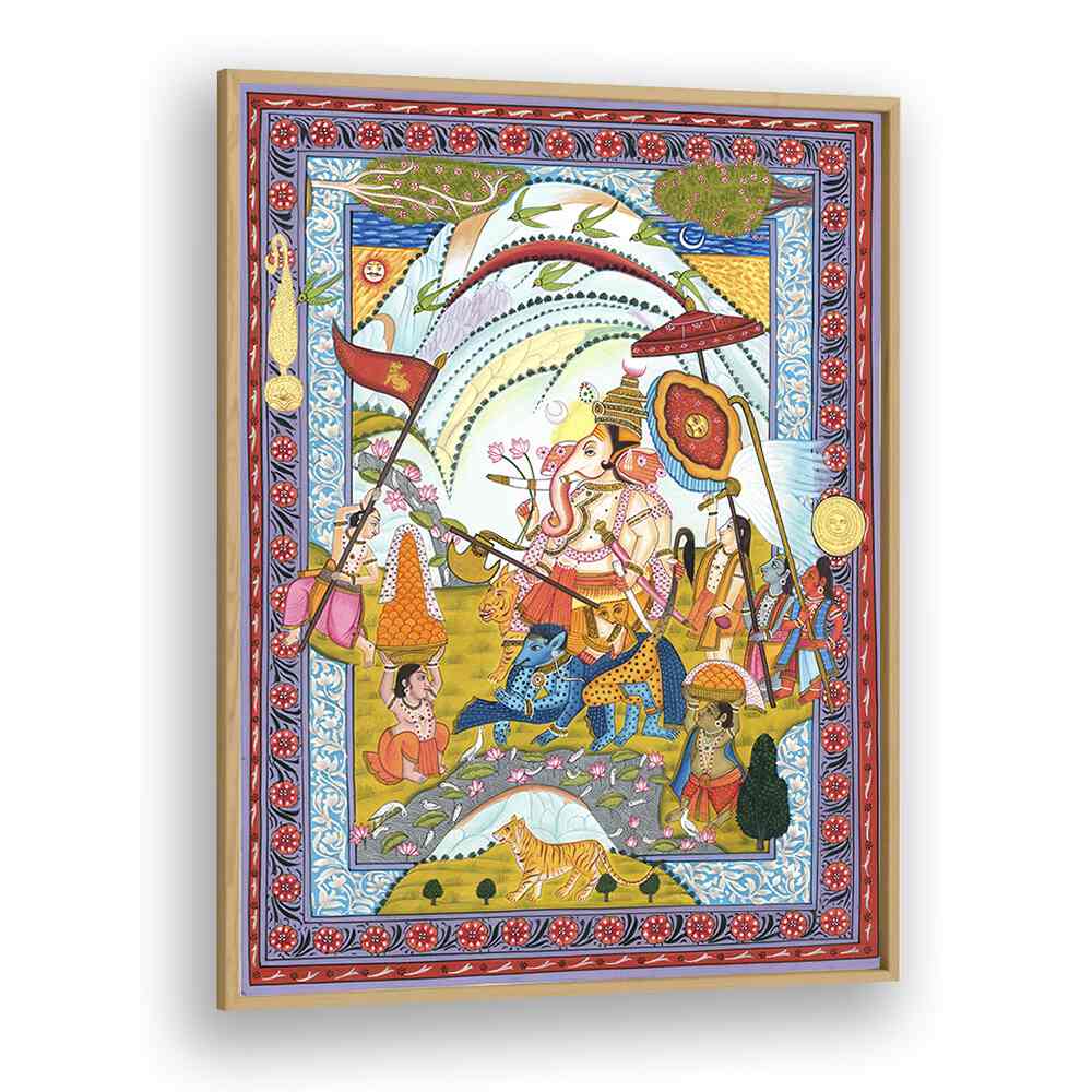 Shri Ganesha Indian art painting Artwork in Oak Wood Plain Frame