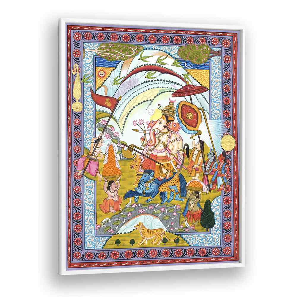 Shri Ganesha Indian art painting Artwork in White Plain Frame