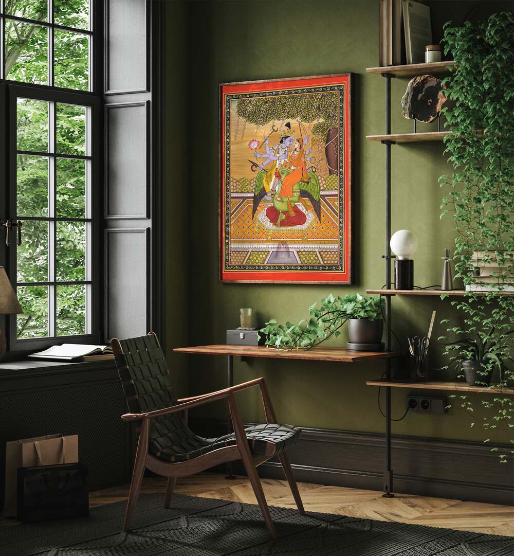 Shri Vishnu With Laxmi Indian Art Painting Artwork in Dark Wood Plain Frame Placed on a Green Wall in the Drawing Room