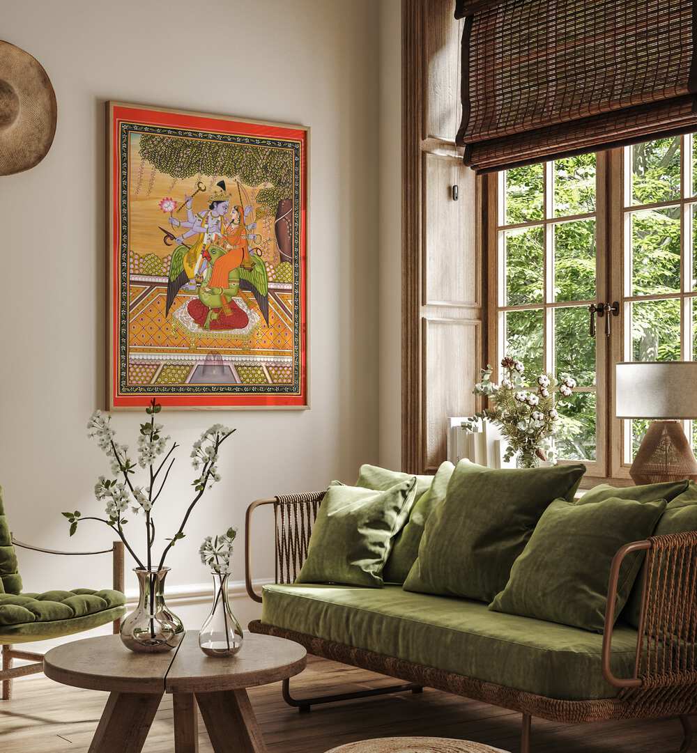 Shri Vishnu With Laxmi Indian Art Painting Artwork in Oak Wood Plain Frame placed on a Beige Colored Wall near a Green Sofa in the Living Room