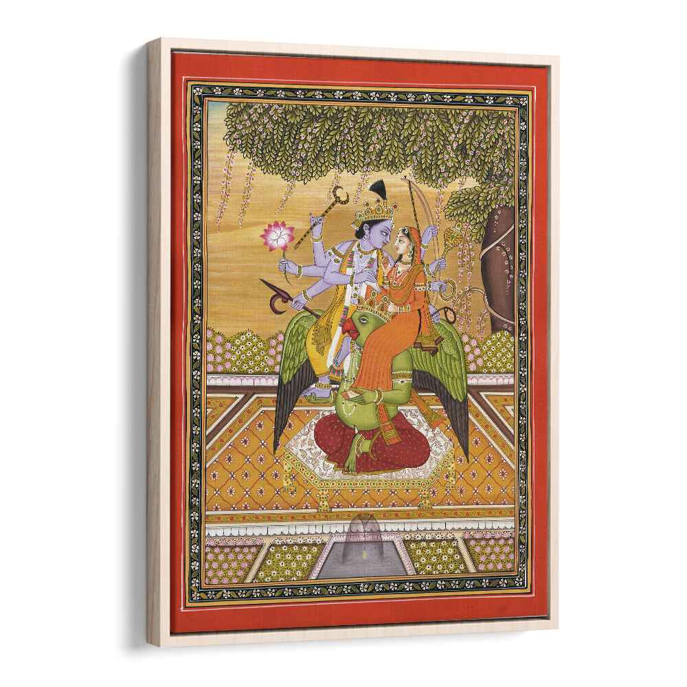 Shri Vishnu With Laxmi Indian art painting Artwork in Oak Wood Floater Frame