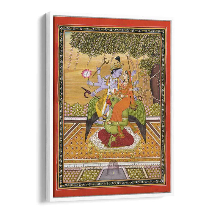 Shri Vishnu With Laxmi Indian art painting Artwork in White Floater Frame